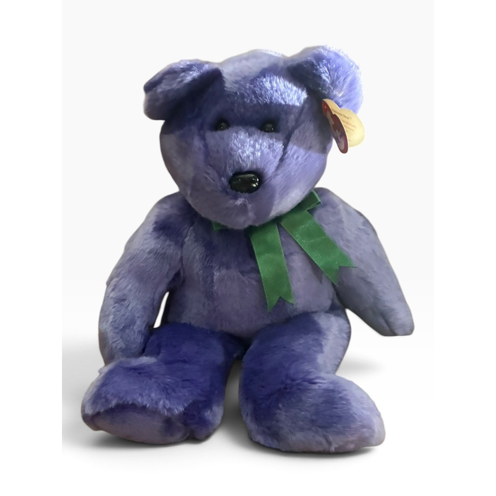 Ty Beanie Buddy Employee Bear Plush Large 14" Purple Green Ribbon 2000 Excellent